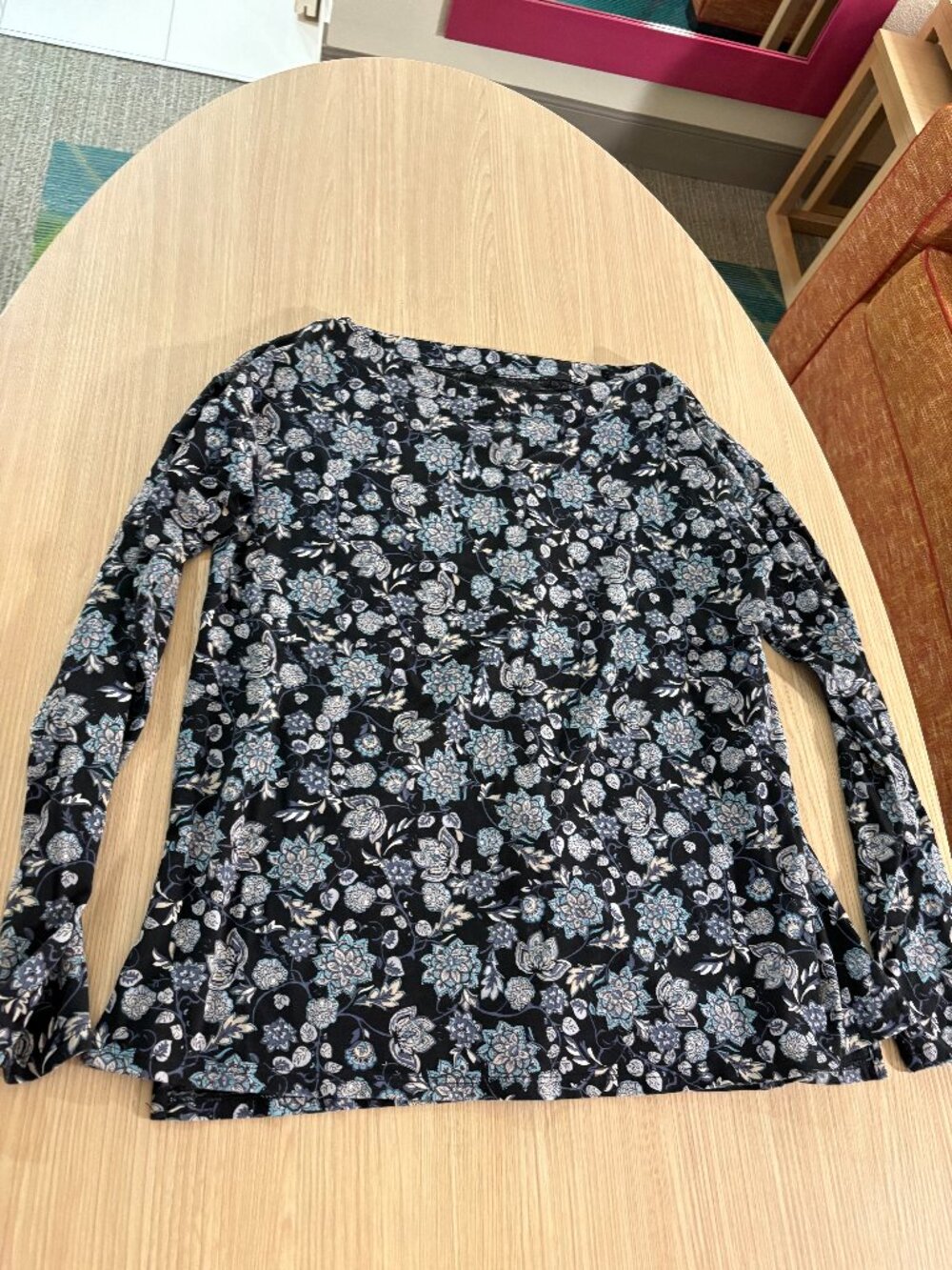 J. Jill Luxe Supima Boat-Neck Tee XS Xtra Small Black Floral Print Long Sleeve